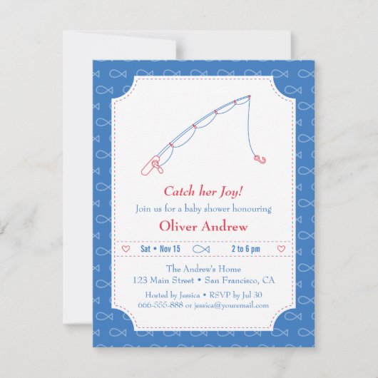 Bleu et Rouge Pêche Bébé Douche Invitations (Devant)