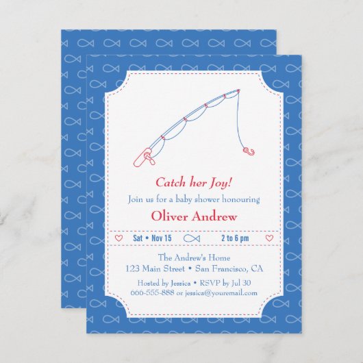 Bleu et Rouge Pêche Bébé Douche Invitations (Devant / Derrière)