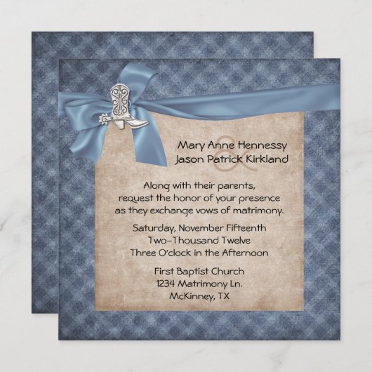 Bleu et Tan Rustic Faire-part de mariage à thème (Devant / Derrière)