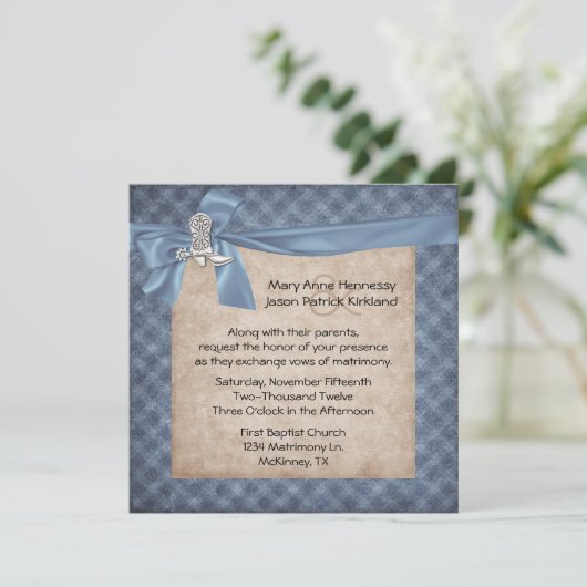 Bleu et Tan Rustic Faire-part de mariage à thème (Debout devant)