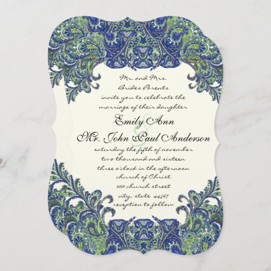 Bleu et vert Peacock Ivory Wedding Invitations (Devant / Derrière)