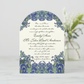 Bleu et vert Peacock Ivory Wedding Invitations (Debout devant)