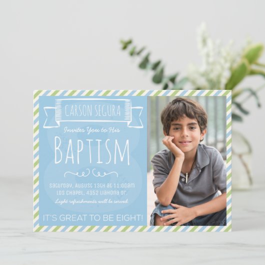 Bleu et Vert rayures LDS Baptême Faire-part (Debout devant)