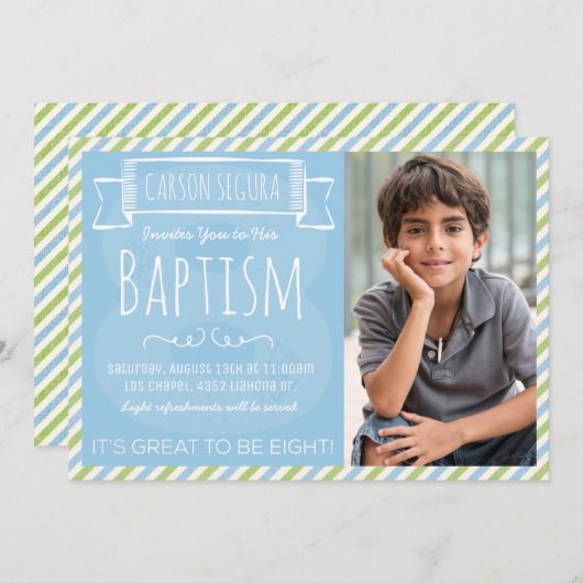Bleu et Vert rayures LDS Baptême Faire-part (Devant / Derrière)