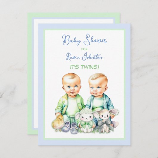 Bleu et vert Twin Boys Baby Shower Invitations (Devant / Derrière)