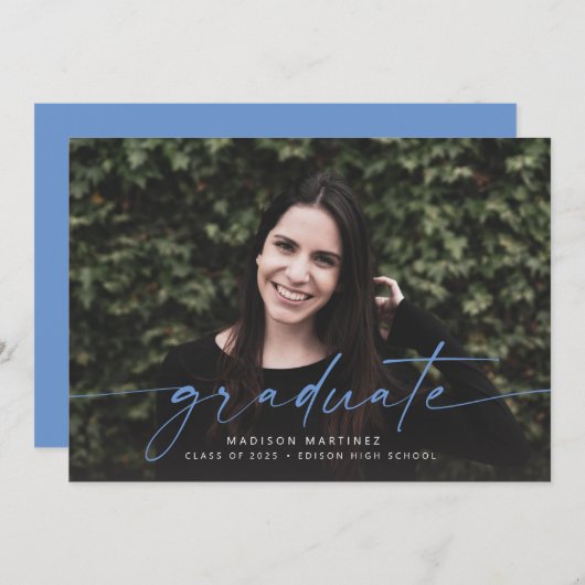 Bleu Faire-part de graduation de script de diplôme (Devant / Derrière)