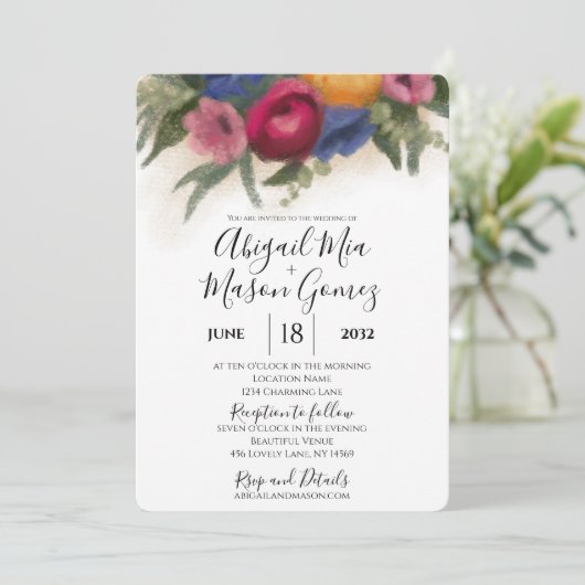 Bleu faire-part de mariage et rose foncé (Debout devant)