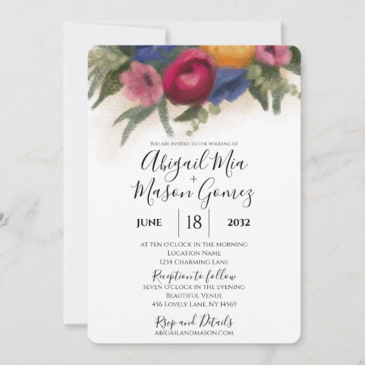 Bleu faire-part de mariage et rose foncé (Devant)