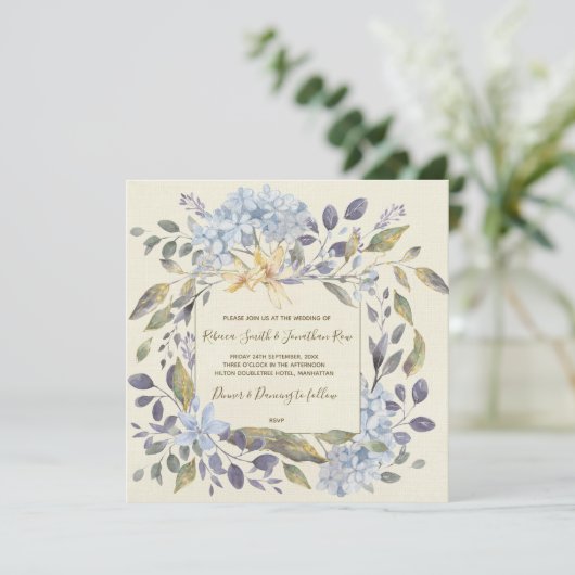 Bleu faire-part de mariage floral hydrangea (Debout devant)