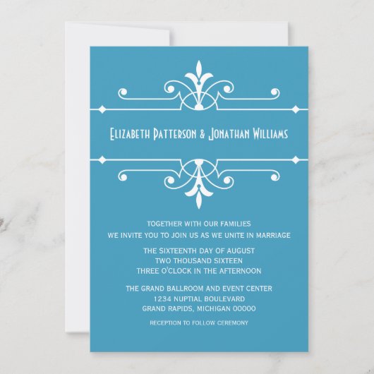 Bleu Fancy Mariage Ornemental Invitation (Devant)