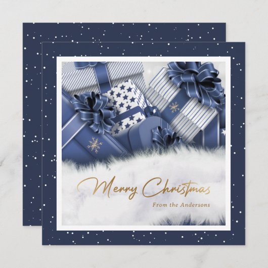 Bleu Faux Gold Foil Cadeaux de neige Cartes de Noë (Devant / Derrière)