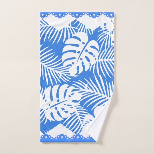 Bleu Feuille tropical avec dossier blanc Fancy Tri (Serviette à main)