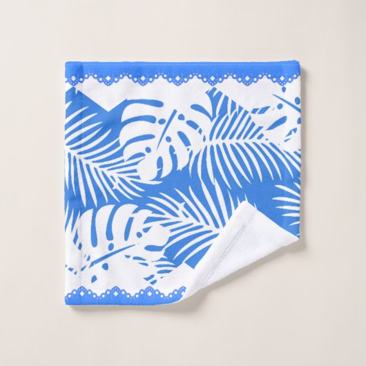 Bleu Feuille tropical avec dossier blanc Fancy Tri (Gant de toilette)