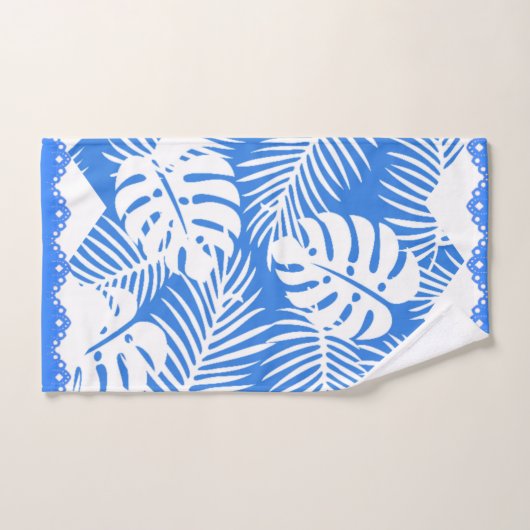 Bleu Feuille tropical avec dossier blanc Fancy Tri (Serviette à main)