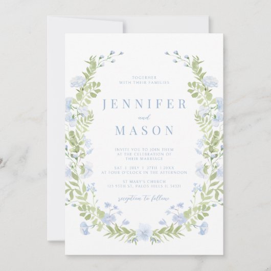 Bleu fleur de sping faire-part de mariage verdure (Devant)