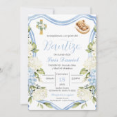 Bleu fleuri garçon baptême invitation Espagnol (Devant)