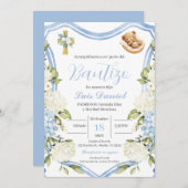 Bleu fleuri garçon baptême invitation Espagnol (Devant / Derrière)