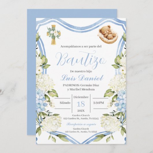 Bleu fleuri garçon baptême invitation Espagnol (Devant / Derrière)