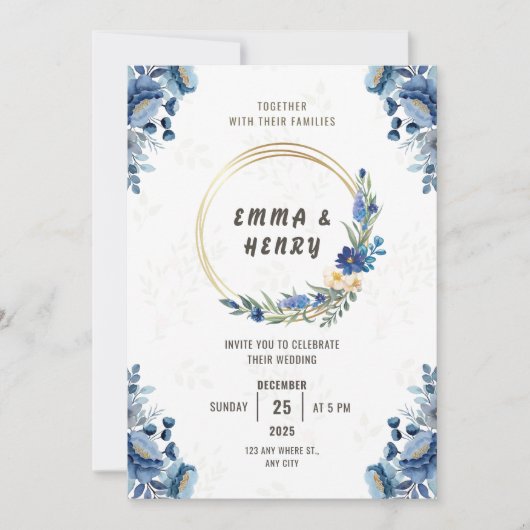 Bleu fleurs et or doré Faire-part de mariage (Devant)