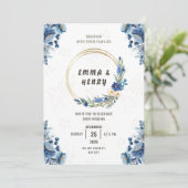 Bleu fleurs et or doré Faire-part de mariage (Debout devant)