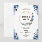 Bleu fleurs et or doré Faire-part de mariage (Devant / Derrière)
