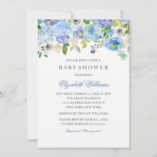 Bleu Floral Aquarelle Boy Baby shower Invitation (Devant)