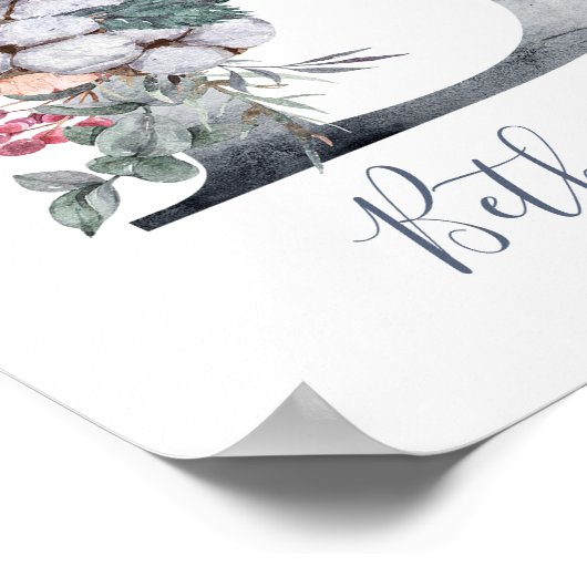 Bleu Floral Aquarelle Monogramme B Nom Poster (Coin)