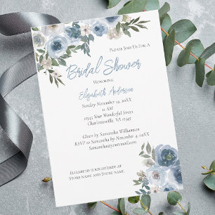 Bleu Floral Aquarelle Nuptiale Douche Invitation