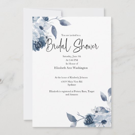 Bleu Floral Aquarelle Nuptiale Douche Invitation (Devant)