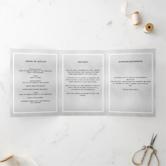 Bleu floral argent photo tri-pli programme funérai (Intérieur)