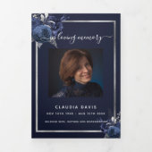 Bleu floral argent photo tri-pli programme funérai (Page de couverture)