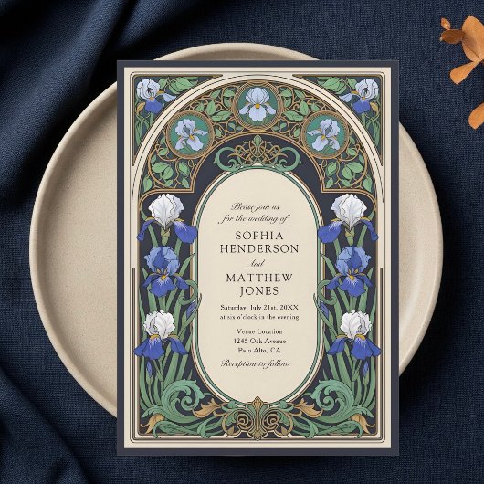 Bleu Floral Art Nouveau Faire-part de mariage