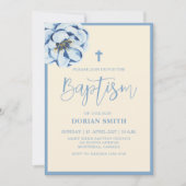 Bleu Floral Boy Invitation Baptême (Devant)