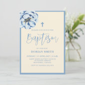 Bleu Floral Boy Invitation Baptême (Debout devant)