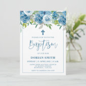 Bleu Floral Boy Invitation Baptême (Debout devant)