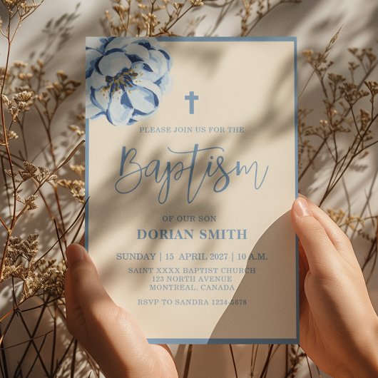 Bleu Floral Boy Invitation Baptême