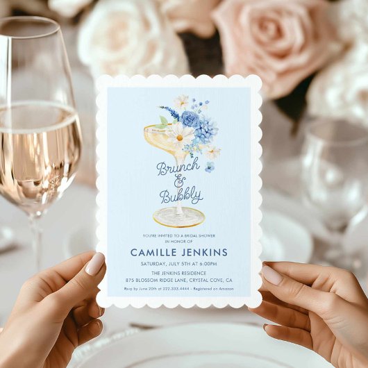 Bleu Floral Brunch et Bubbly Invitation nuptiale