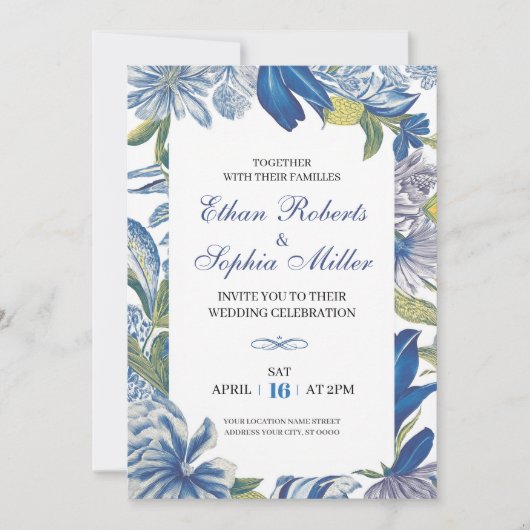 Bleu Floral Classic Faire-part de mariage (Devant)