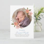 Bleu floral délicat Faire-part bébé photo (Debout devant)