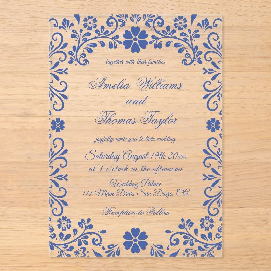 Bleu Floral Faire-part de mariage romantique (Recto)