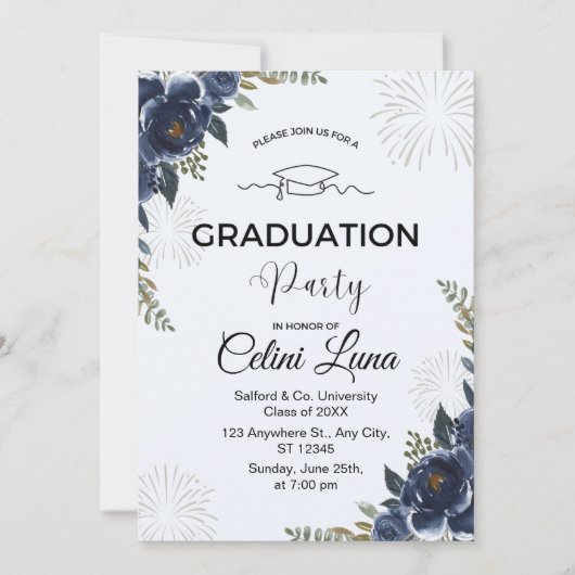 Bleu Floral Graduation Party Invitation (Devant)