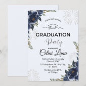 Bleu Floral Graduation Party Invitation (Devant / Derrière)