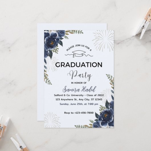 Bleu Floral Graduation Party Invitation (Devant/Arrière en situation)