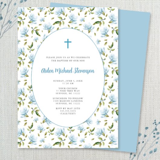 Bleu Floral Grandmillenial invitation baptême