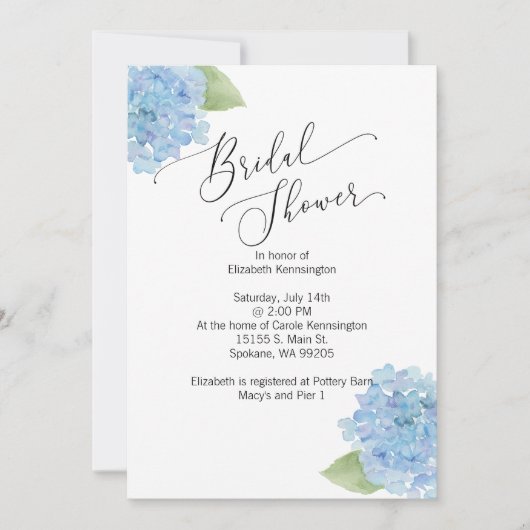 Bleu floral Hydrangea nuptiale douche Invitation (Devant)