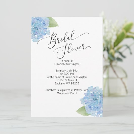 Bleu floral Hydrangea nuptiale douche Invitation (Debout devant)