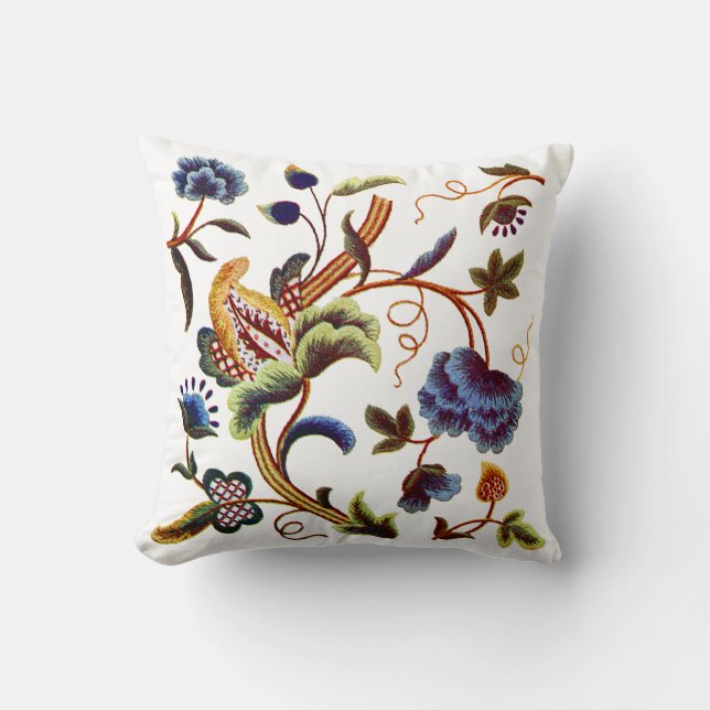 Bleu Floral Jacobean Faux Coussin de broderie (Recto)