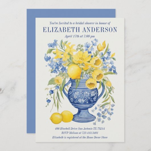 Bleu Floral Lemon Invitation de la douche nuptiale (Devant / Derrière)