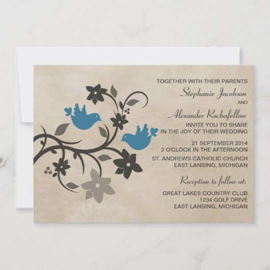 Bleu Floral Lovebirds Faire-part de mariage (Devant)