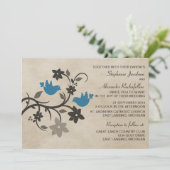 Bleu Floral Lovebirds Faire-part de mariage (Debout devant)